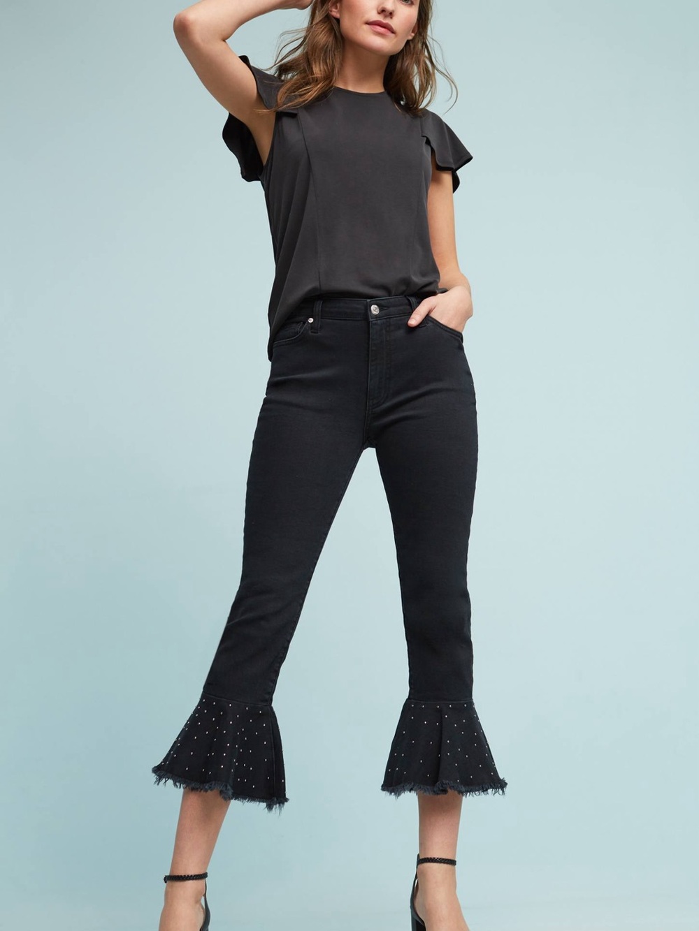 Anthropologie Black Crop Flare Jeans with Embellished Ruffle Hem - NWT size 28
